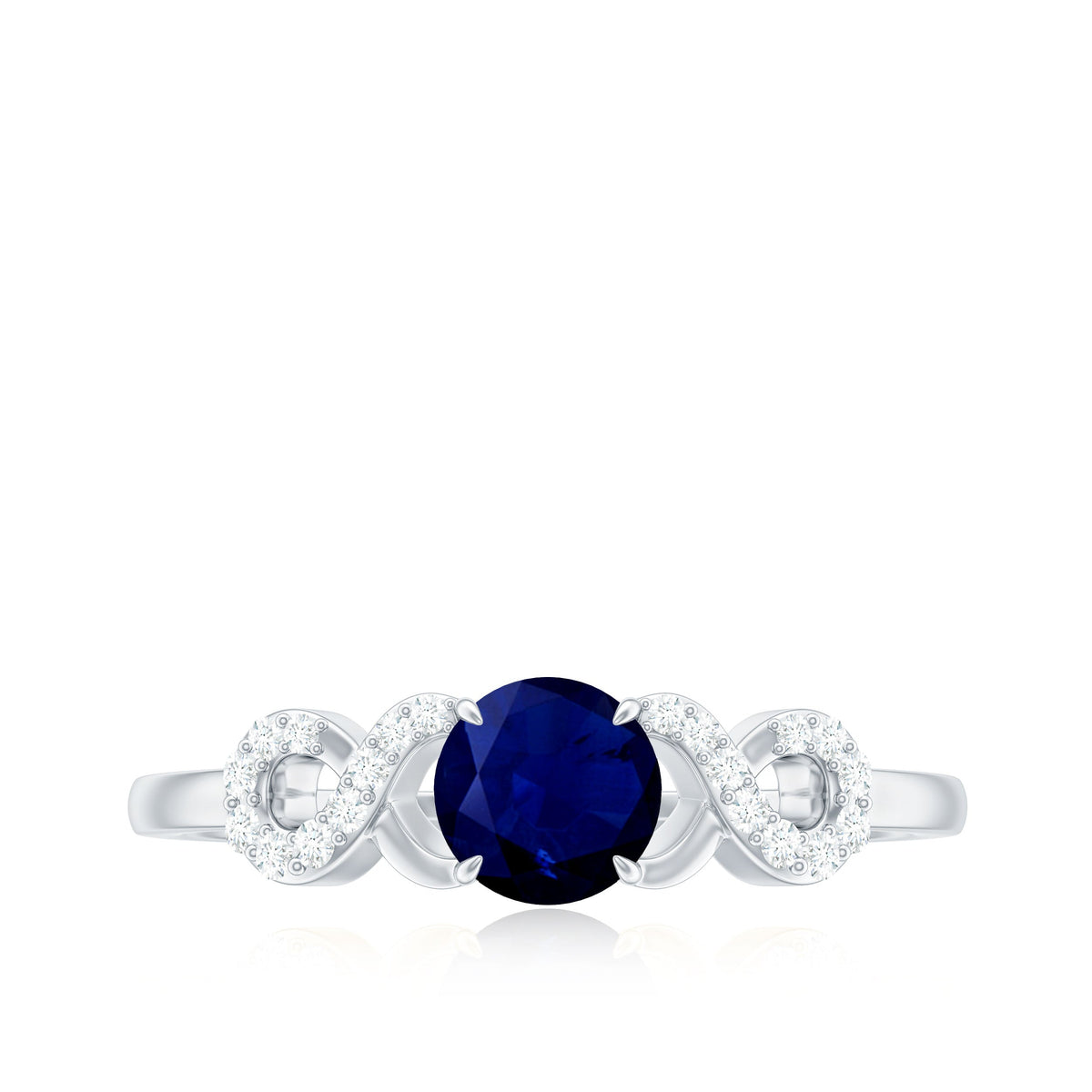Real 0.9 carat blue sapphire infinity promise ring with diamonds, Rosec Jewels, showcasing a elegant silver band and sparkling gemstones.