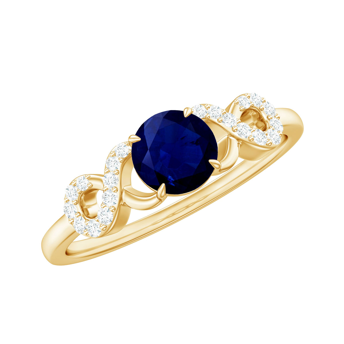 Rosec Jewels 0.9 carat blue sapphire infinity promise ring with diamond, featuring a sleek band and sparkling gemstones.