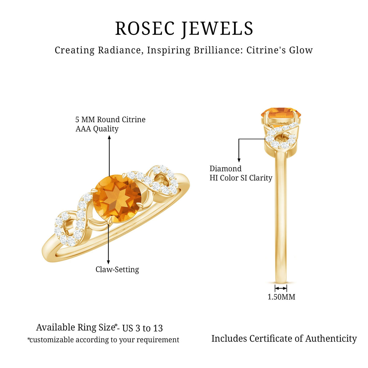 Certified Natural Citrine Infinity Promise Ring with Diamonds