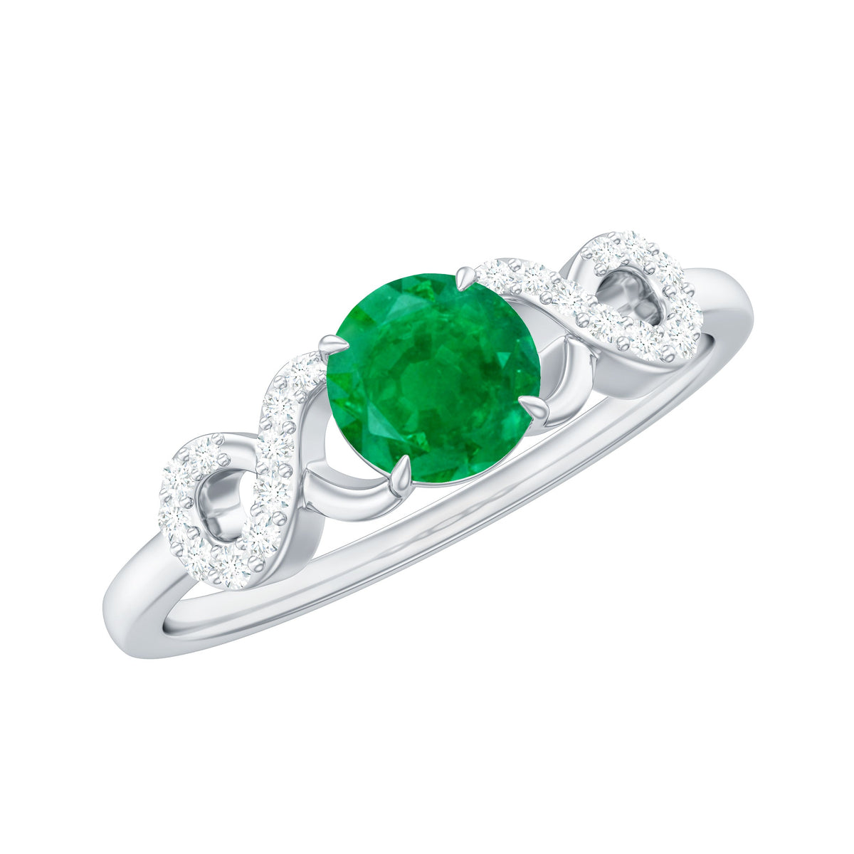 Real emerald and diamond promise engagement ring with a criss-cross shank, featuring elegant rosec Jewels craftsmanship.