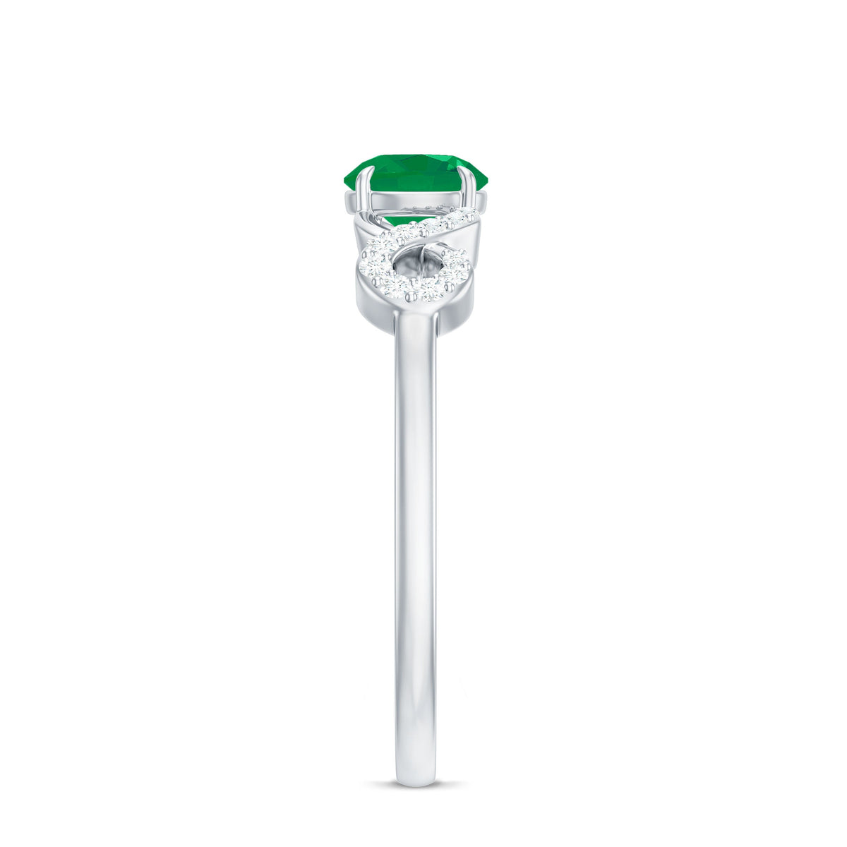 Emerald diamond promise engagement ring with criss-cross shank from Rosec Jewels, showcasing a central emerald and sparkling diamonds.