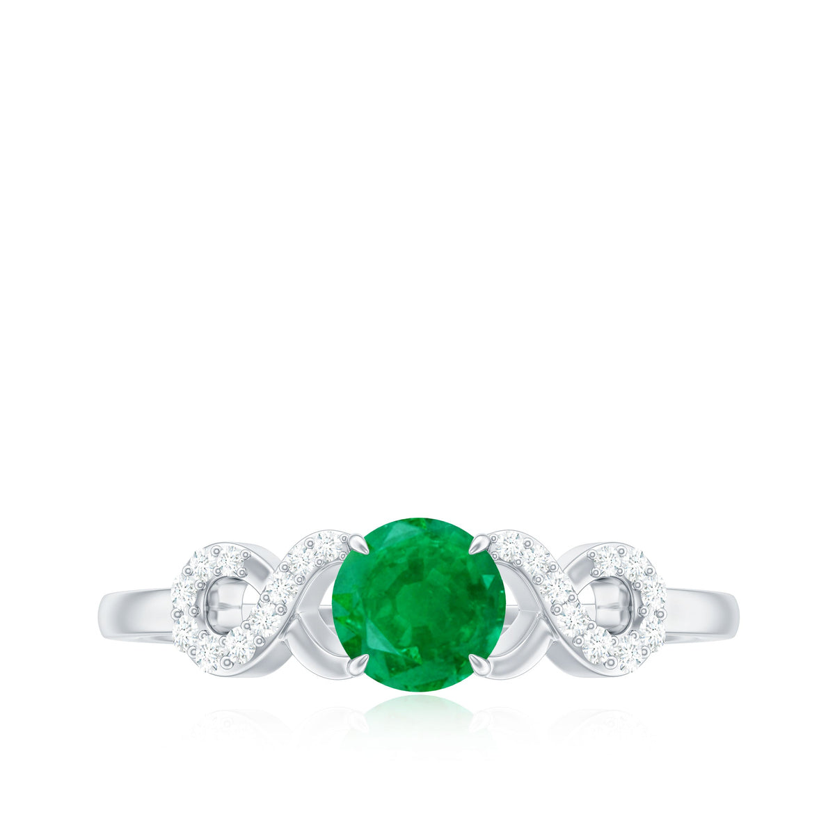 Elegant real emerald diamond engagement ring with a criss-cross shank from Rosec Jewels, showcasing sparkling emerald and diamond accents.