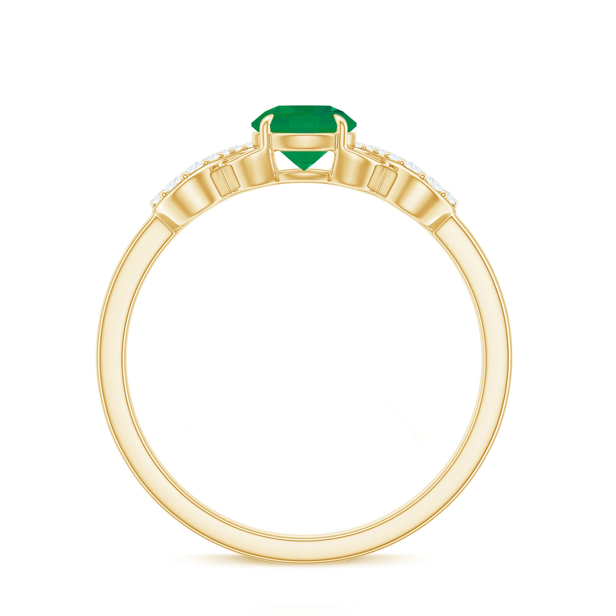 Real emerald and diamond promise engagement ring with a criss-cross shank, featuring Rosec Jewels craftsmanship.