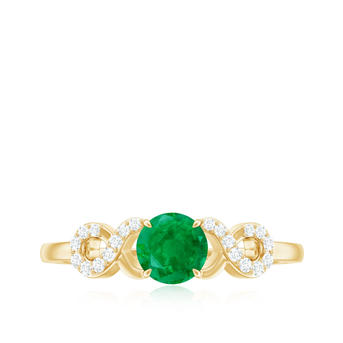 Real emerald and diamond promise engagement ring with a criss-cross shank from Rosec Jewels, featuring a central emerald gemstone.