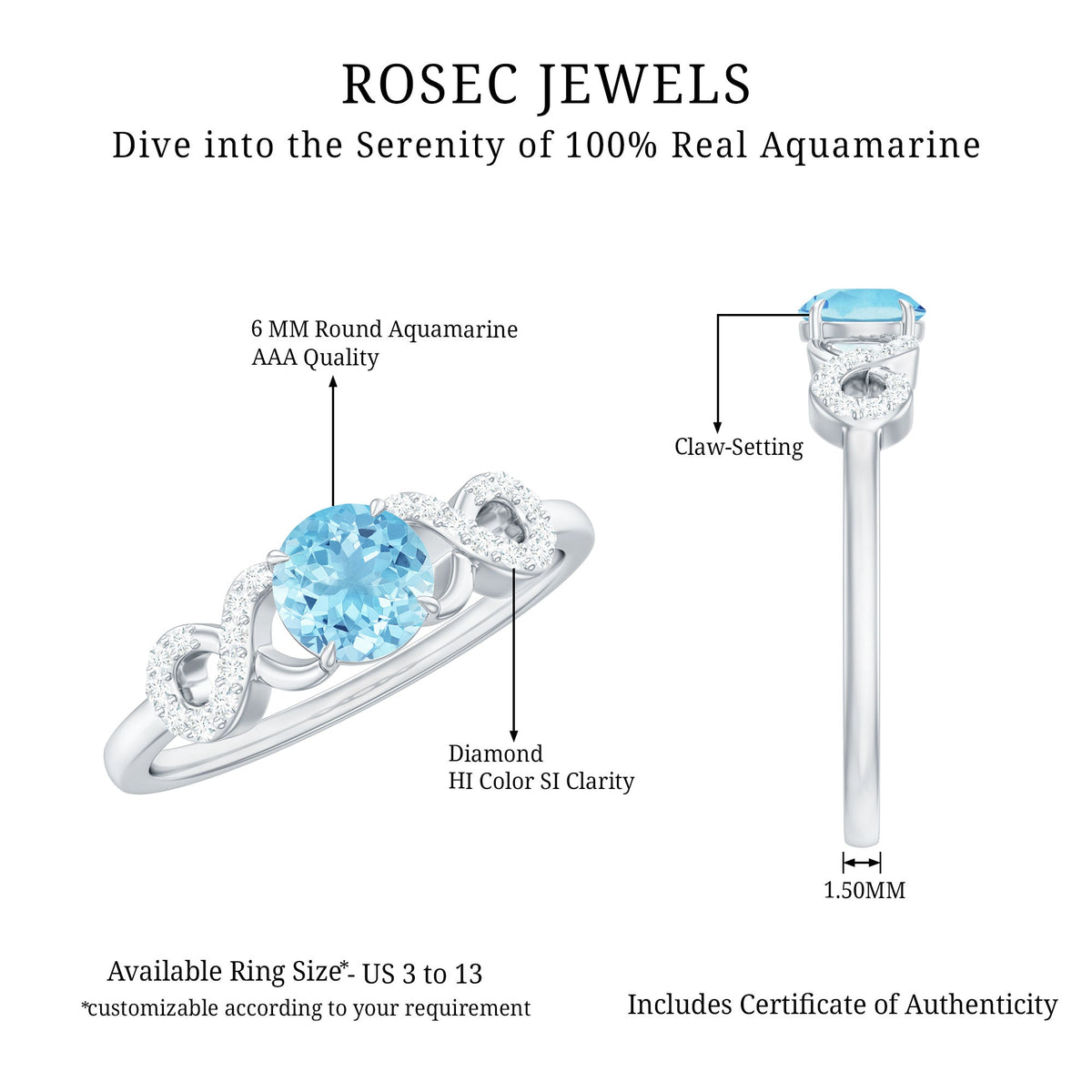 Round aquamarine and diamond infinity engagement ring by Rosec Jewels, featuring a polished silver band and intricate design.