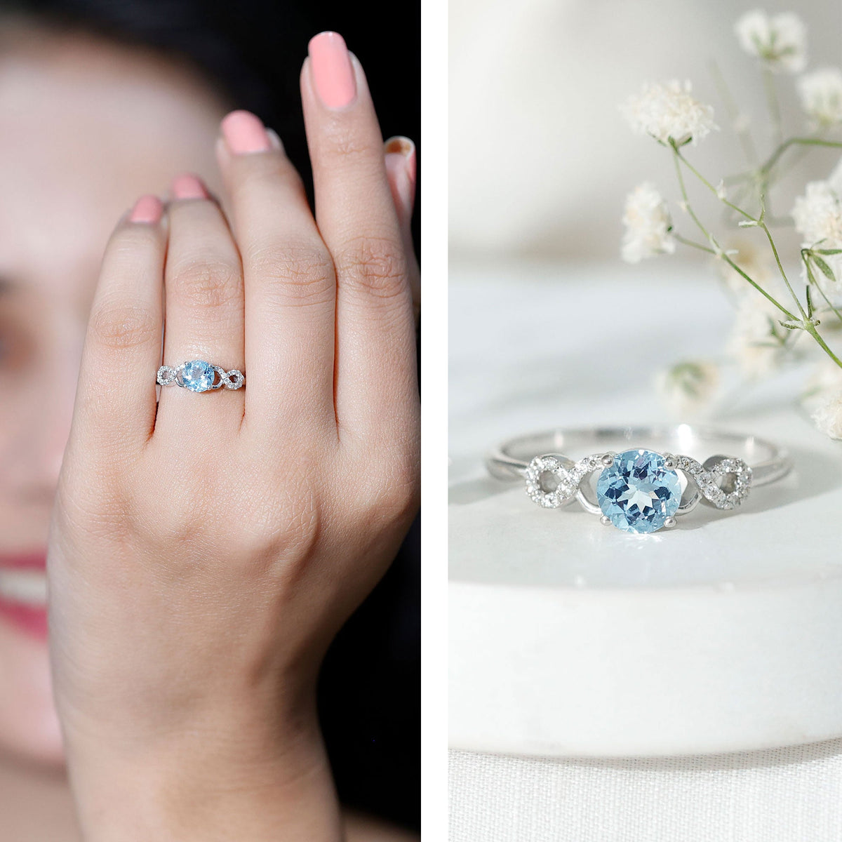 Round aquamarine and diamond infinity engagement ring from Rosec Jewels, showcasing a sparkling gemstone design.