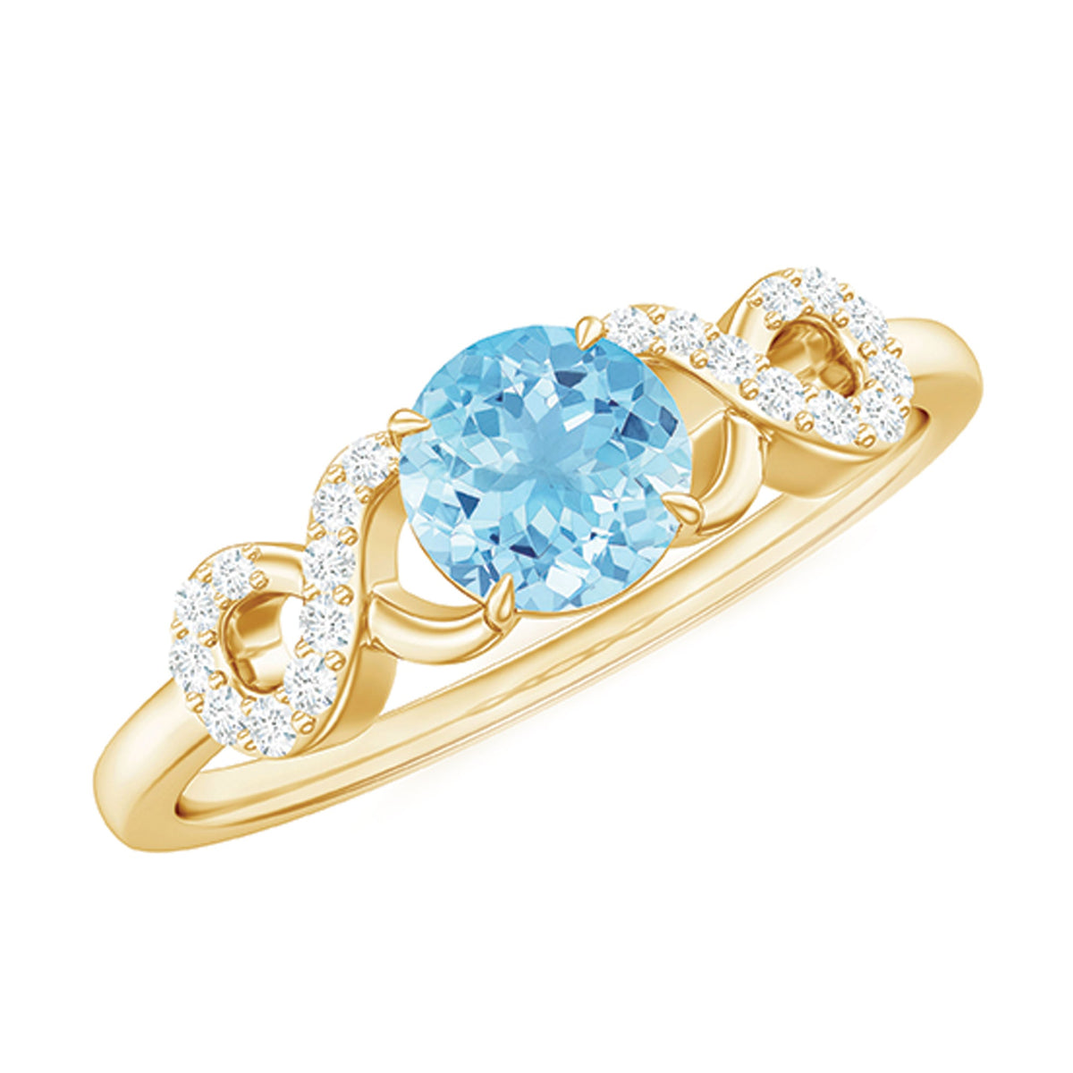 Round aquamarine and diamond infinity engagement ring by Rosec Jewels, showcasing a sparkling gemstone design with intricate band details.