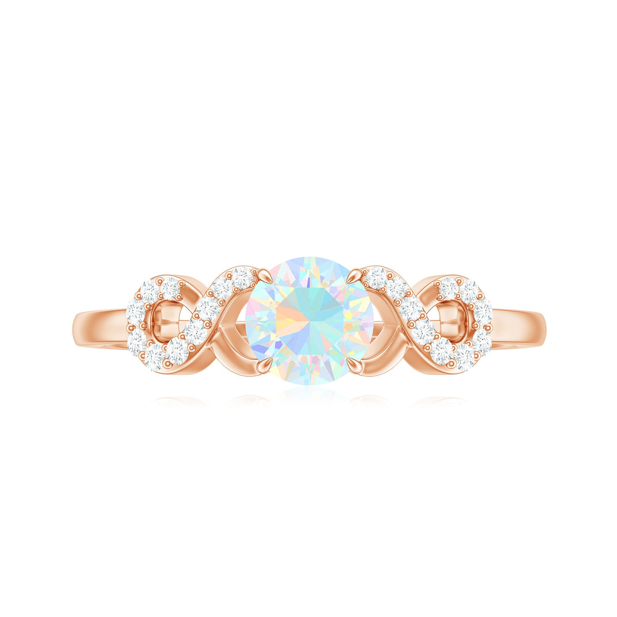Certified Ethiopian Rainbow Opal diamond engagement ring with criss-cross shank, from Rosec Jewels, showcasing colorful opal and sparkling diamonds.