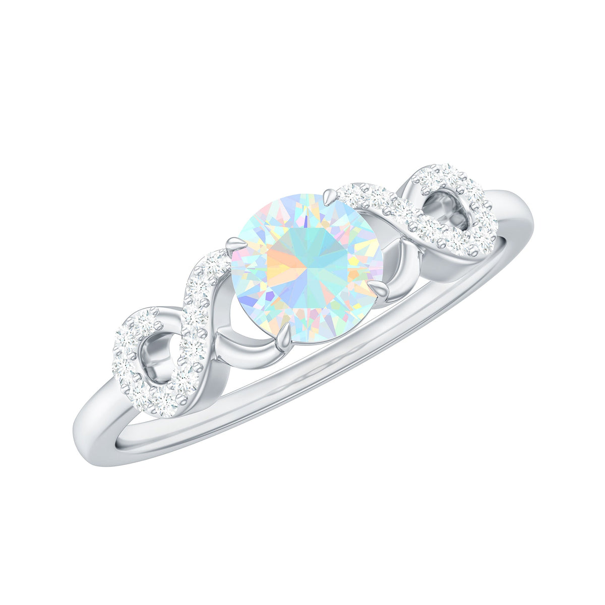 Certified Ethiopian Rainbow Opal diamond engagement ring with criss-cross shank by Rosec Jewels, showcasing vibrant rainbow-colored gemstones.
