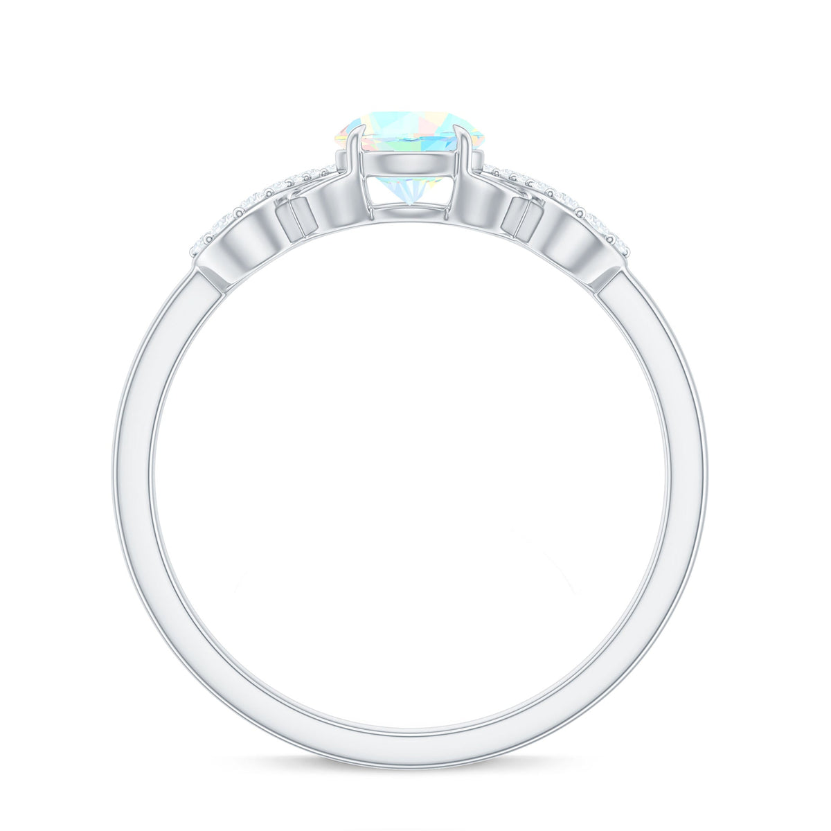 Certified Ethiopian Rainbow Opal diamond engagement ring with criss-cross shank by Rosec Jewels, showcasing vibrant rainbow hues and intricate design.