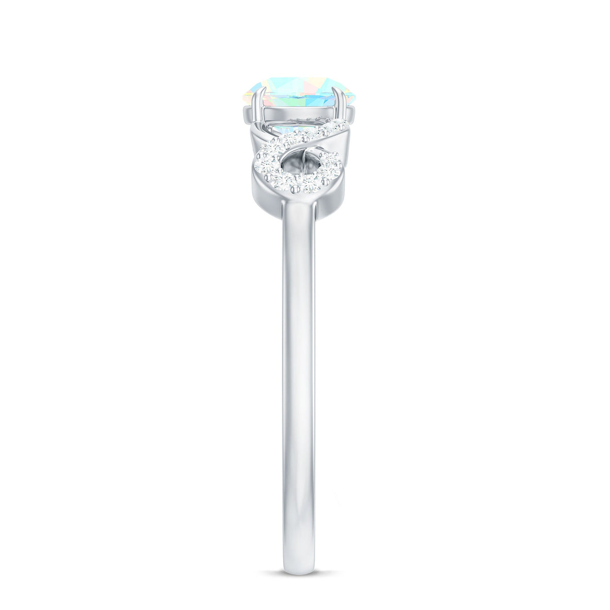 Certified real Ethiopian rainbow opal diamond engagement ring with criss-cross shank by Rosec Jewels, showcasing vibrant colorful gemstones.