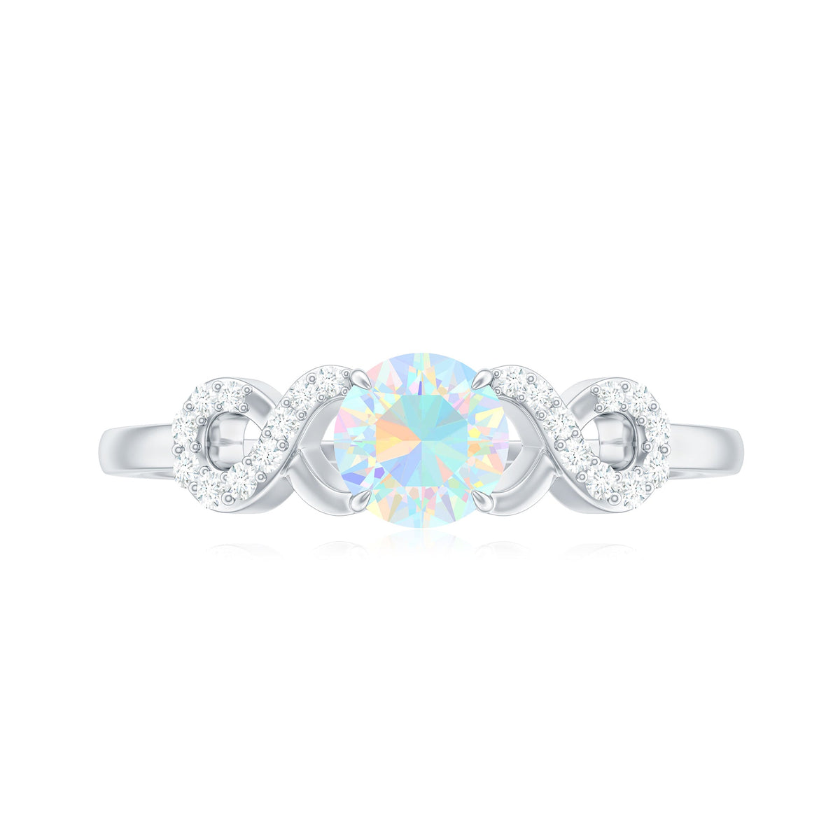 Certified Ethiopian Rainbow Opal diamond engagement ring with criss-cross shank and elegant design by Rosec Jewels.