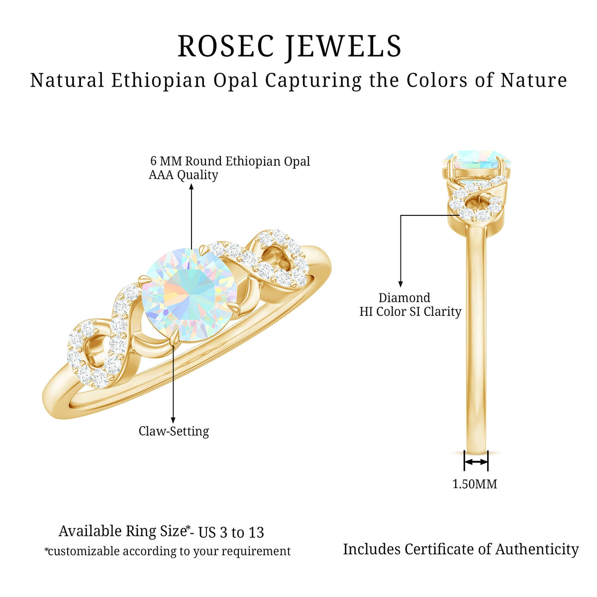 Certified Ethiopian Rainbow Opal diamond engagement ring with a criss-cross shank from Rosec Jewels, showcasing vibrant opal and sparkling diamonds.