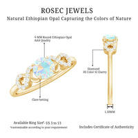 Certified Ethiopian Rainbow Opal diamond engagement ring with a criss-cross shank from Rosec Jewels, showcasing vibrant opal and sparkling diamonds.