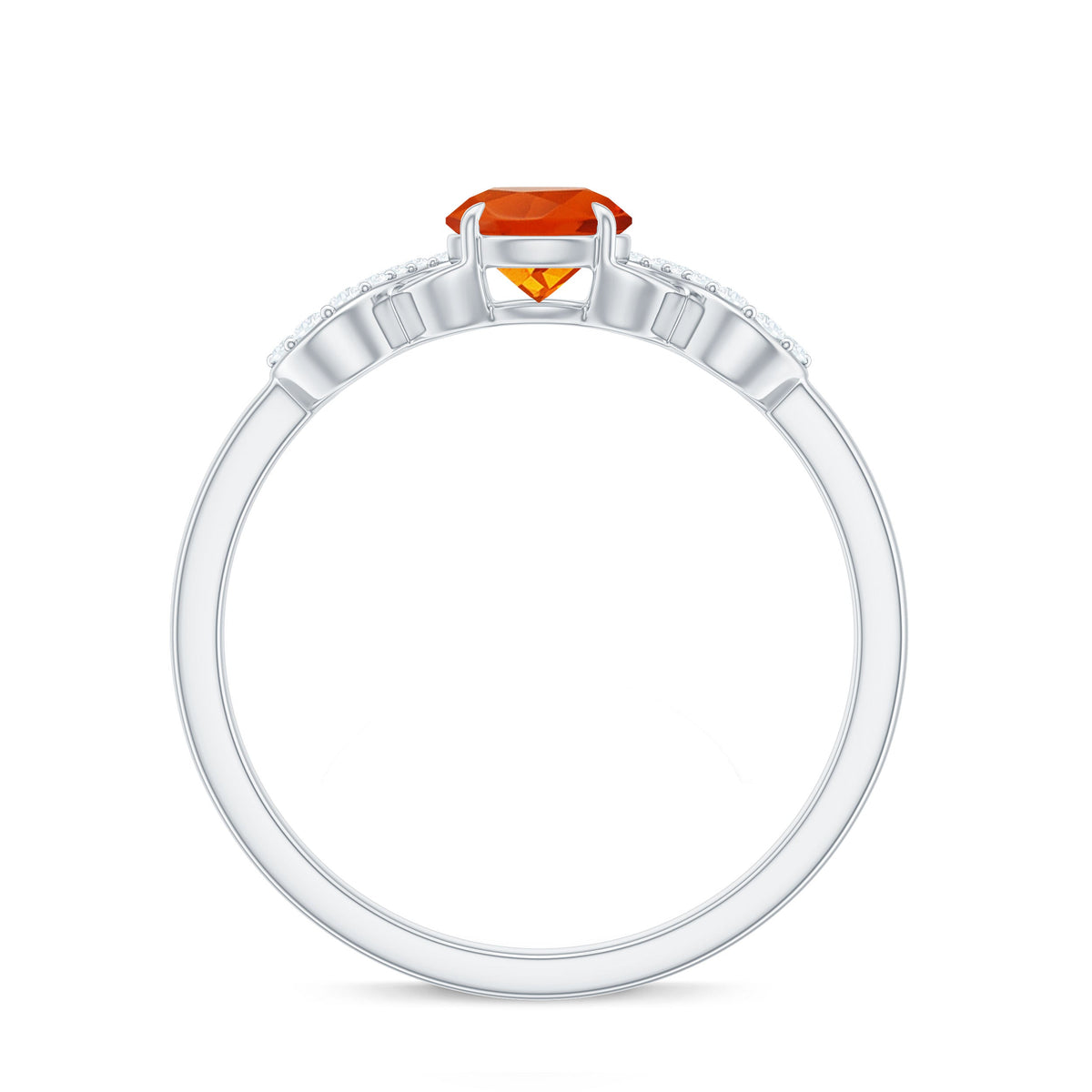 Round fire opal solitaire engagement ring with diamond accents by Rosec Jewels, showcasing a elegant infinity design.