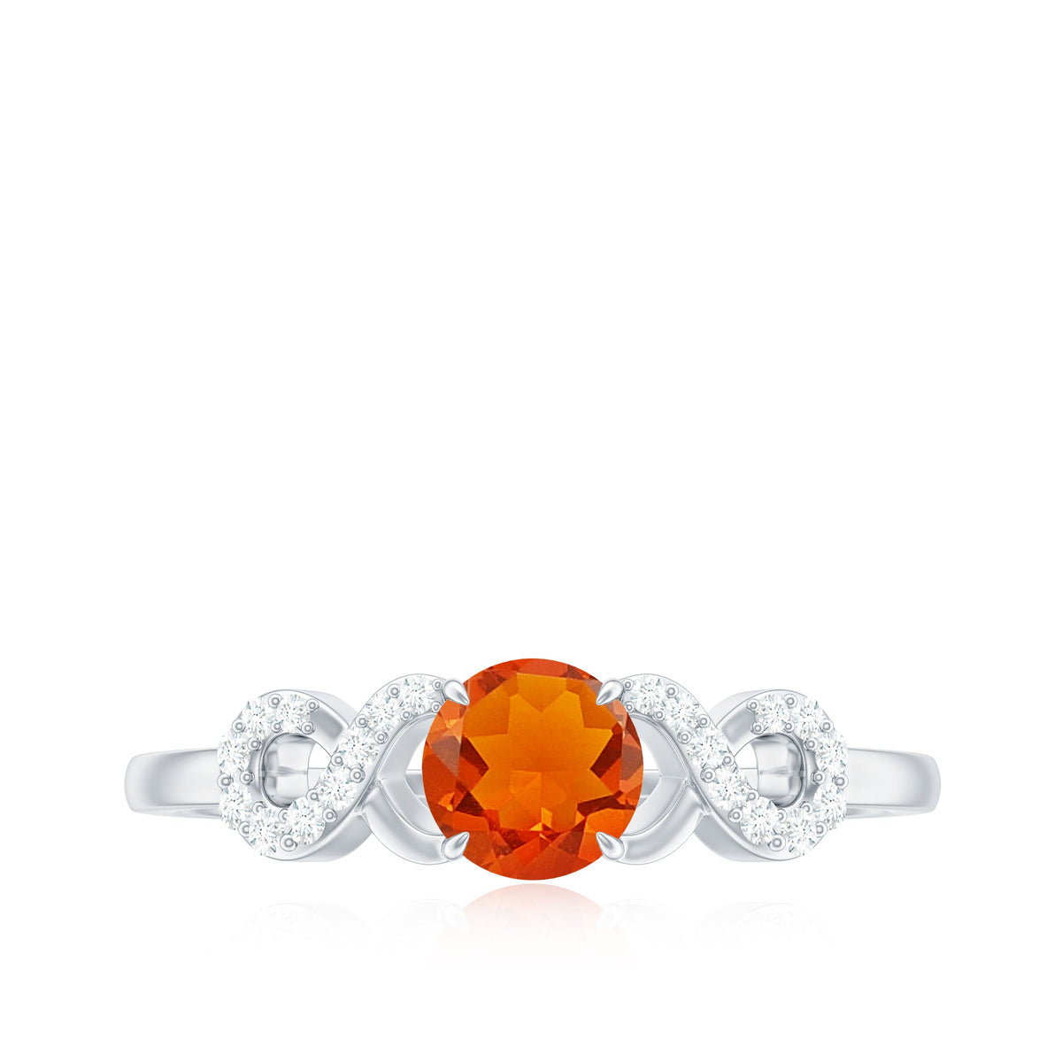 Round solitaire fire opal infinity engagement ring with diamond accents from Rosec Jewels, featuring a polished gold band.