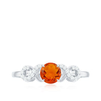 Round solitaire fire opal infinity engagement ring with diamond accents from Rosec Jewels, featuring a polished gold band.