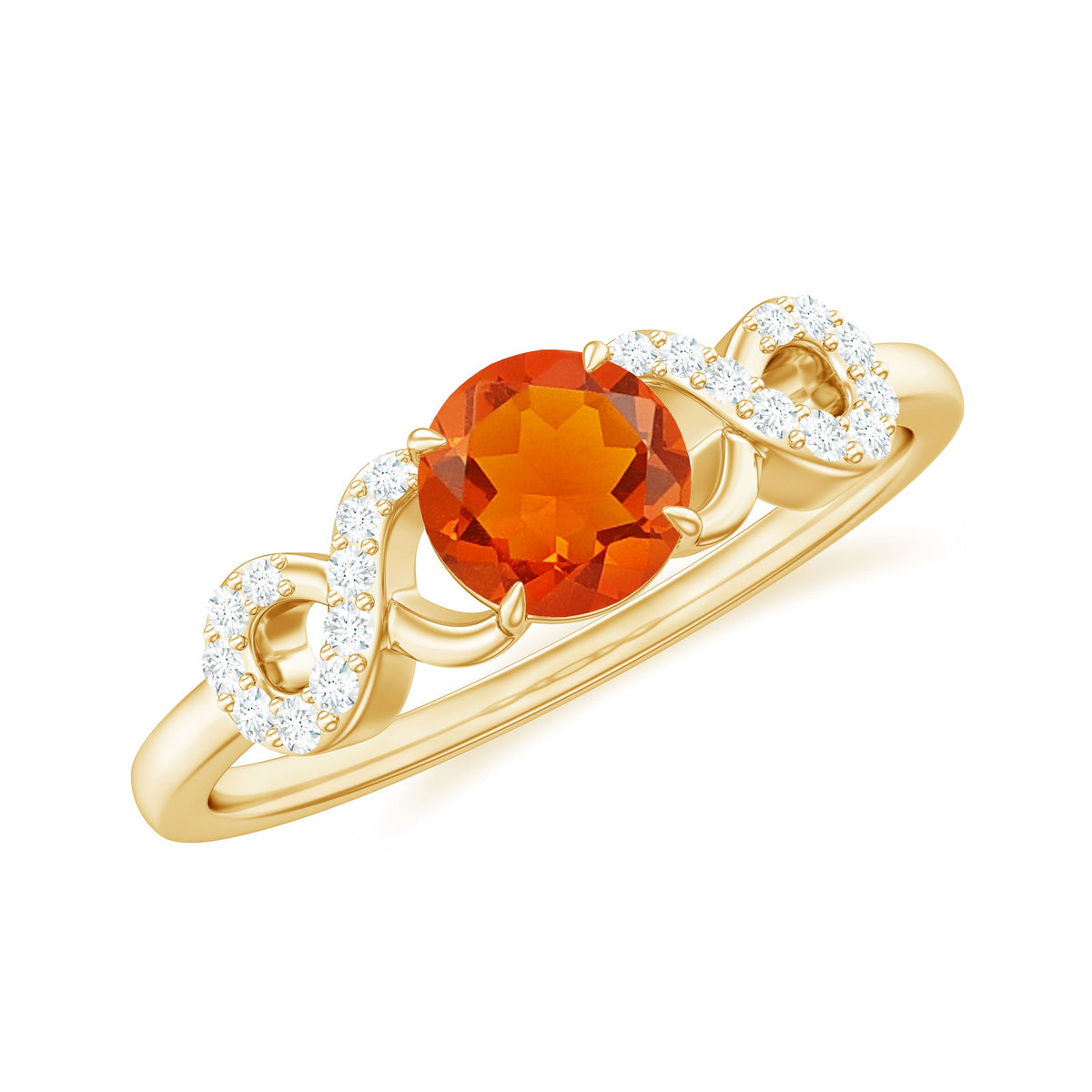Round solitaire fire opal infinity engagement ring with diamond accents by Rosec Jewels, showcasing a elegant design and sparkling gemstones.