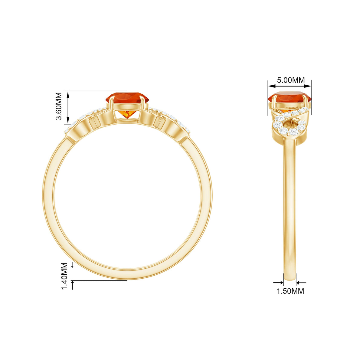 Round solitaire fire opal infinity engagement ring with diamond accents by Rosec Jewels, showcasing the elegant design and vibrant gemstone.