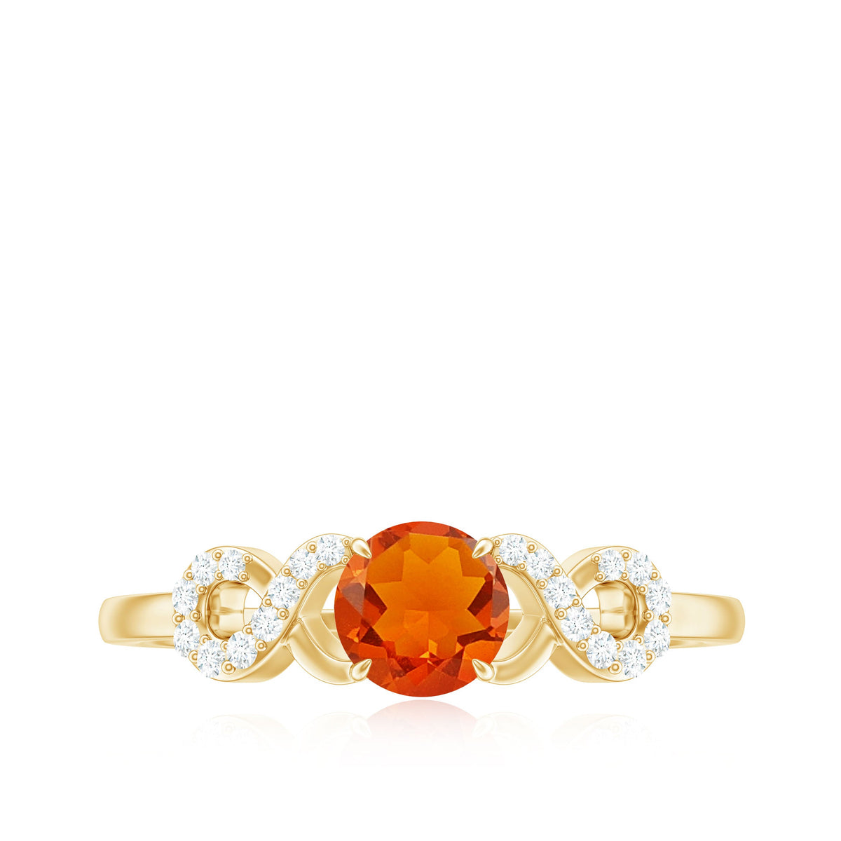 Round solitaire fire opal infinity engagement ring with diamonds from Rosec Jewels, showcasing a polished gemstone and intricate band details.