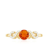 Round solitaire fire opal infinity engagement ring with diamonds from Rosec Jewels, showcasing a polished gemstone and intricate band details.