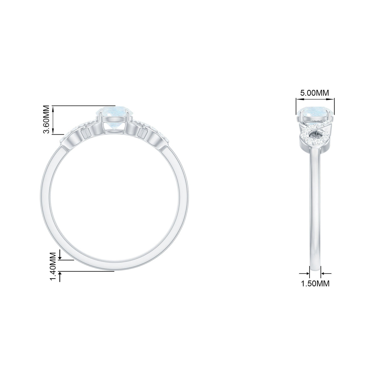 Rosec Jewels 3/4 CT natural moonstone solitaire ring with criss-cross diamond band, showcasing a elegant gemstone and intricate design.