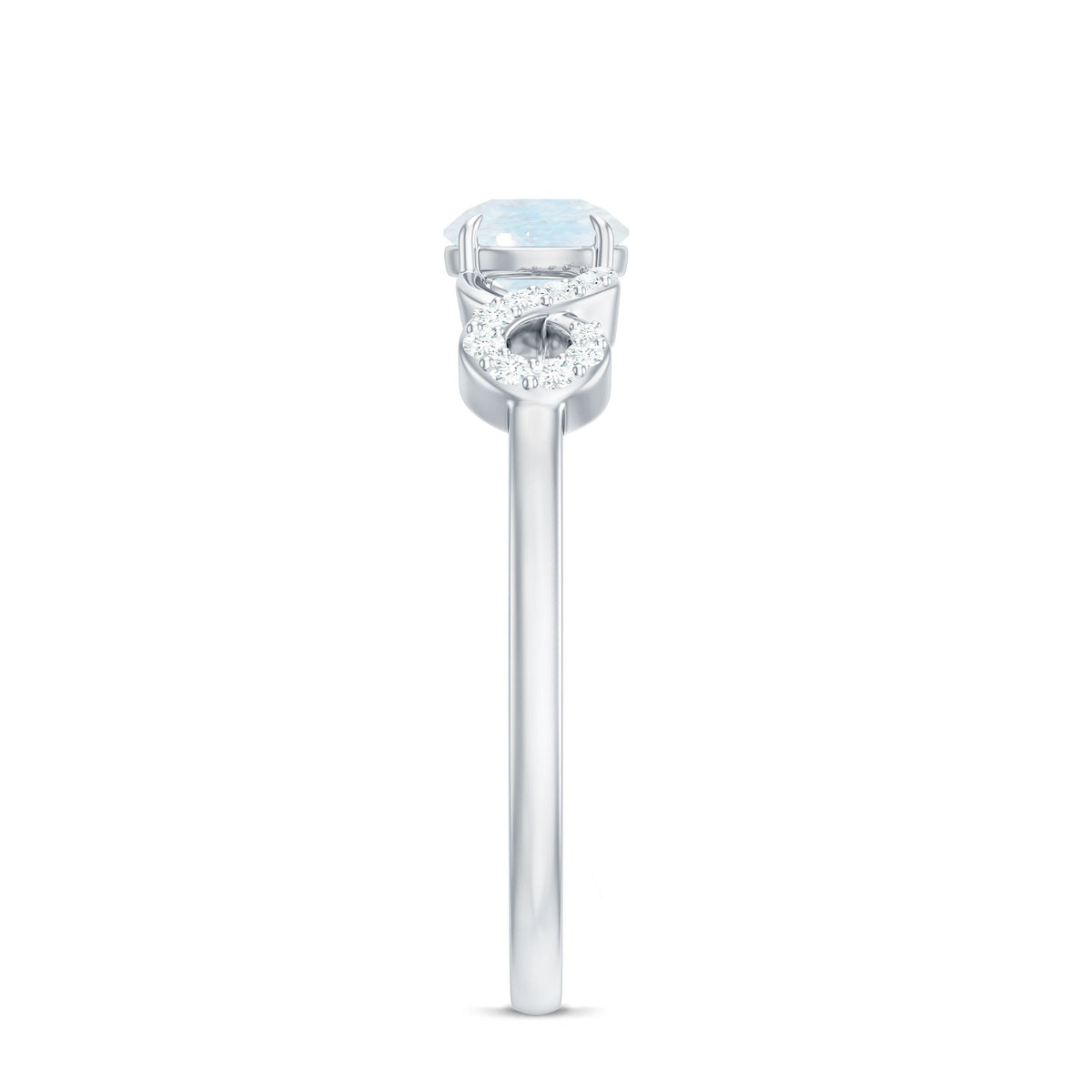 Natural 3/4 CT moonstone solitaire ring with criss cross diamond accents by Rosec Jewels, showcasing a elegant gemstone design.