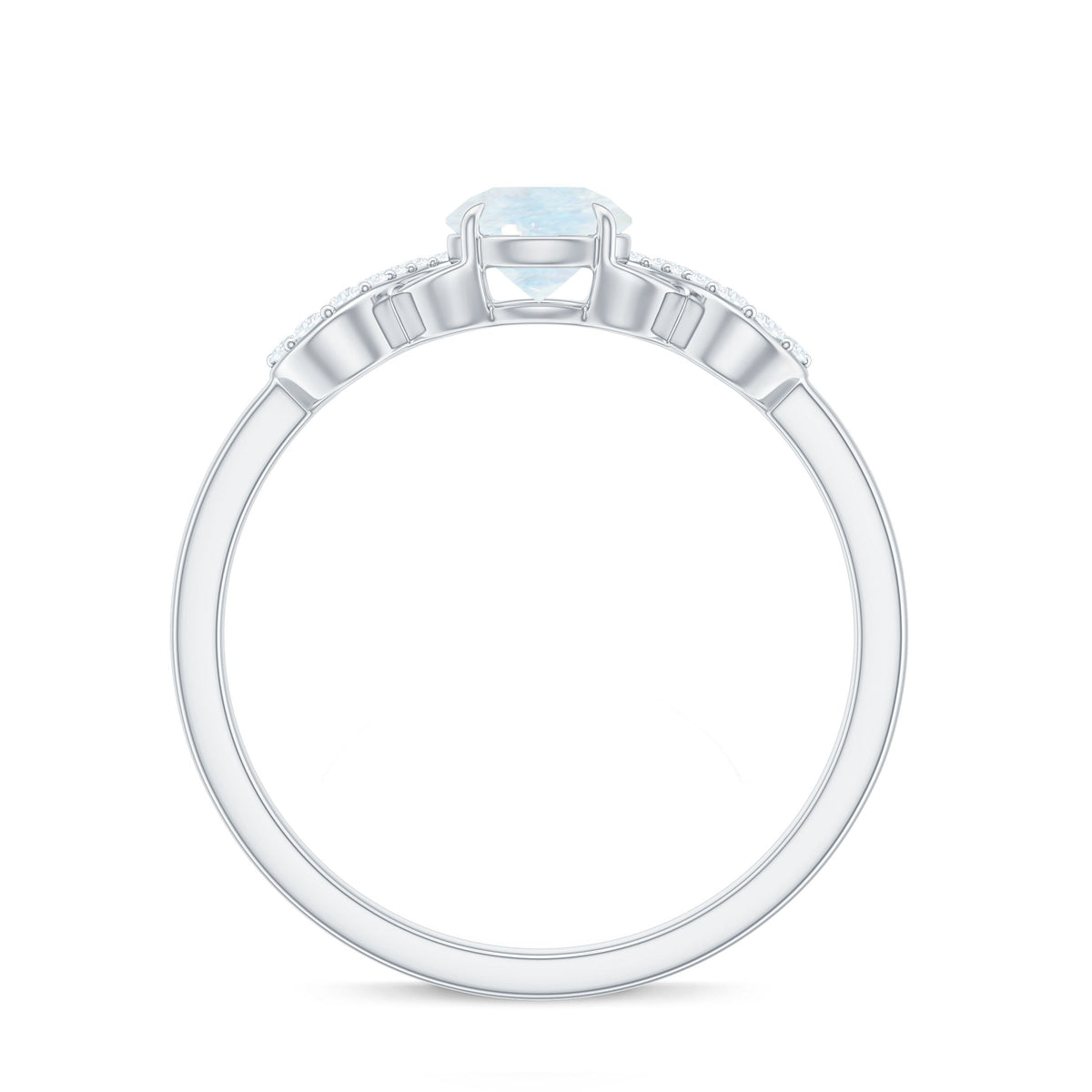 Natural moonstone solitaire ring with criss-cross diamond accents, featuring a 3/4 carat moonstone set in a rose gold band.
