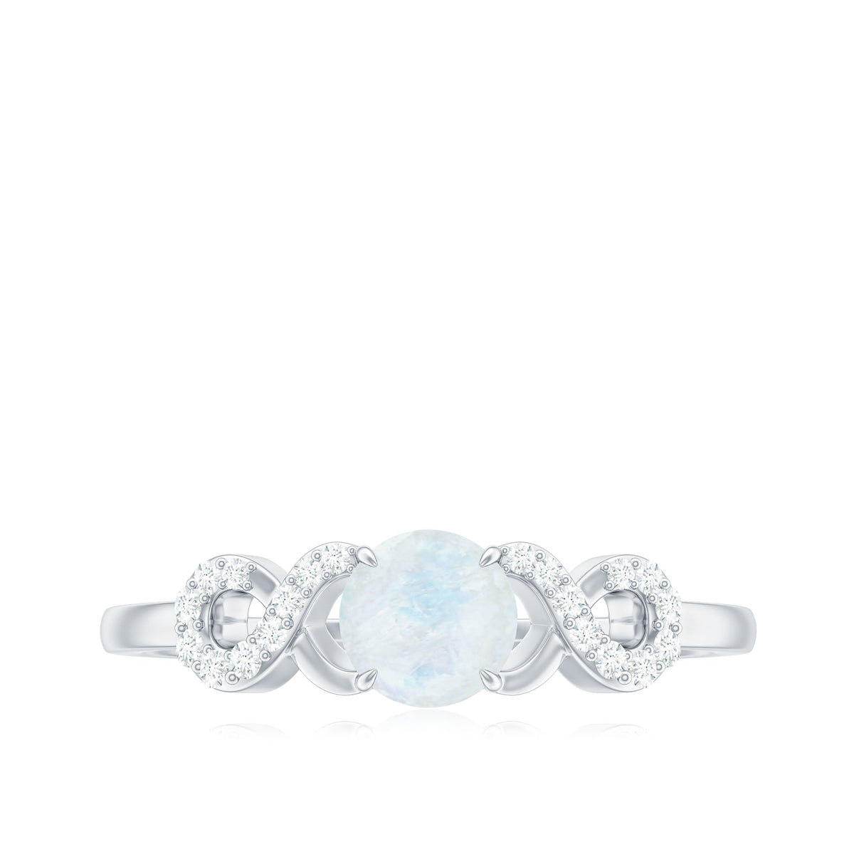 Natural moonstone solitaire ring with 3/4 ct moonstone and criss-cross diamond accents in a Rosec Jewels ring setting.