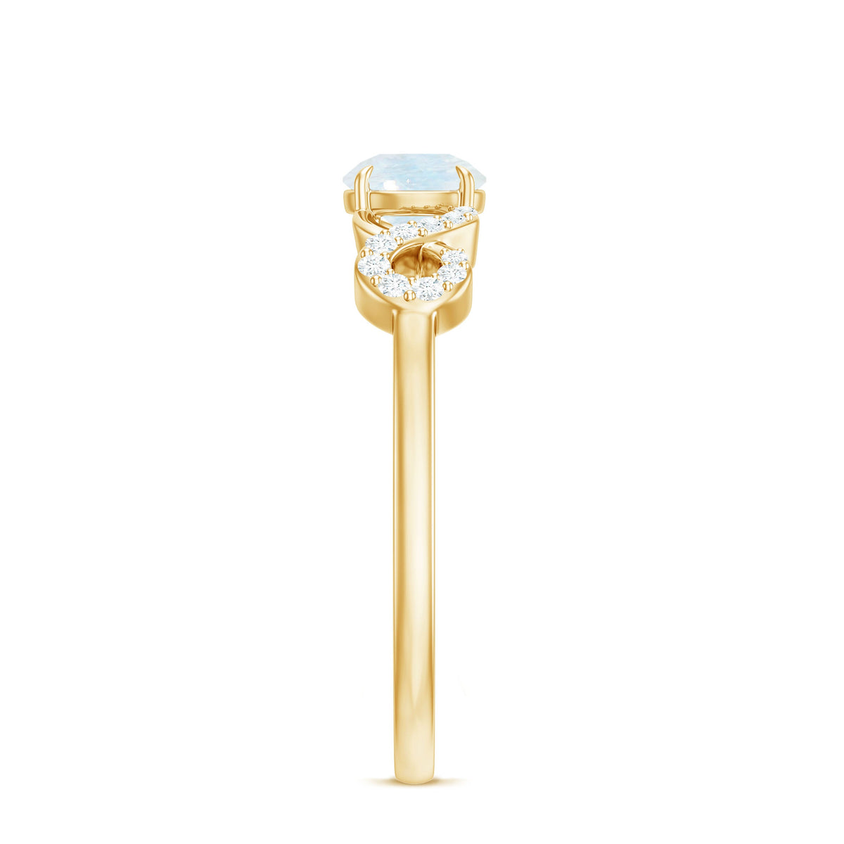 Rosec Jewels 3/4 CT natural moonstone solitaire ring with crisscross diamond band, showcasing elegant gemstone and intricate design.