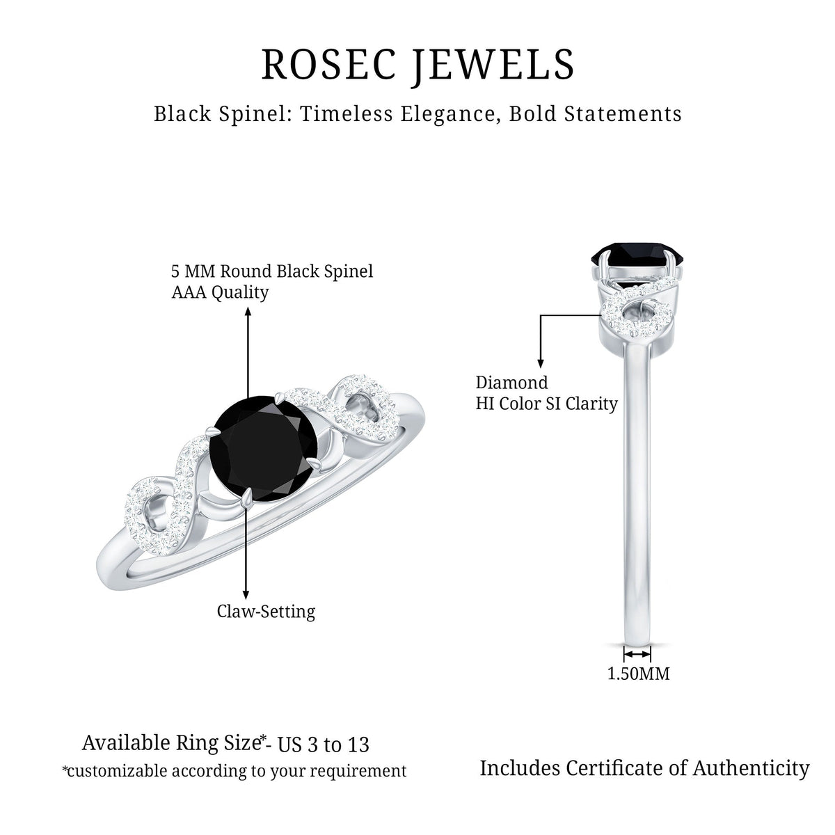 Natural Black Spinel Promise Ring with Diamond Infinity Knot
