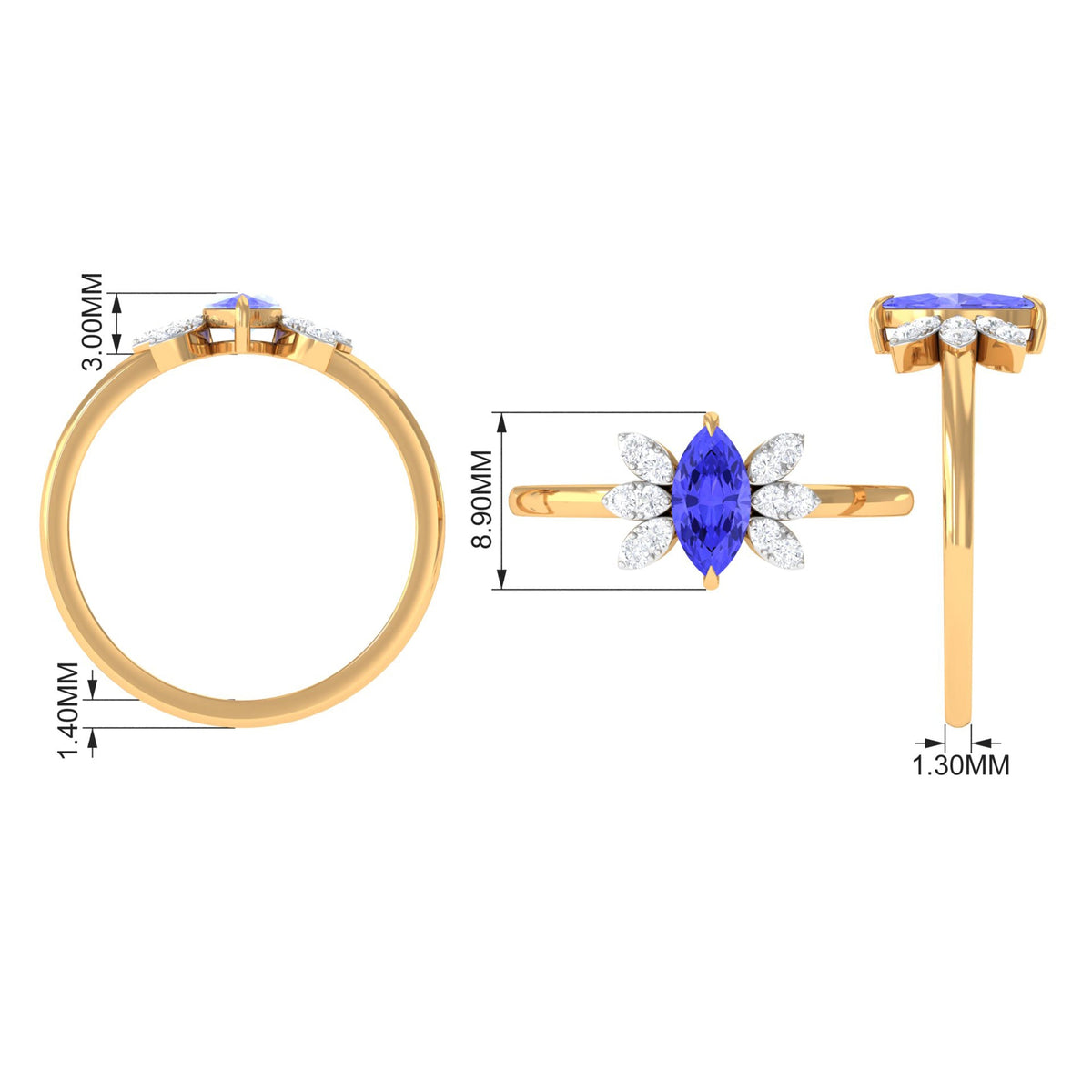 Marquise cut Tanzanite and diamond promise ring by Rosec Jewels, showcasing a 1-carat oval Tanzanite with surrounding diamonds.