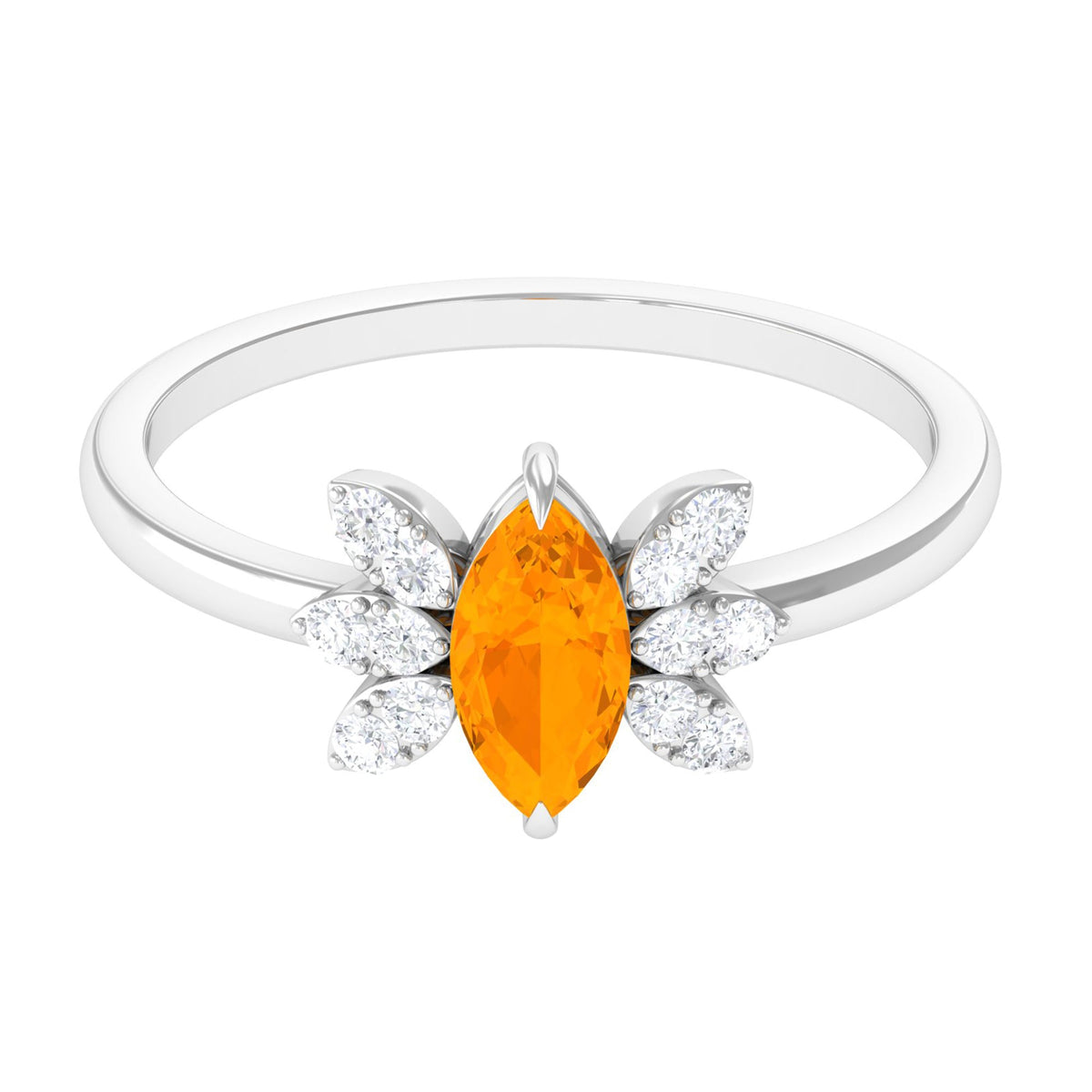 Rosec Jewels 3/4 Ct marquise fire opal and diamond engagement ring with intricate band design, showcasing sparkling gemstones.