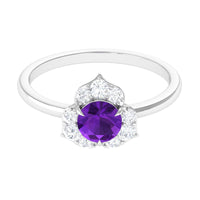 Real Amethyst flower engagement ring with diamond accents, featuring a detailed purple amethyst flower design by Rosec Jewels.