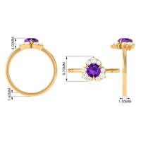 Real amethyst flower engagement ring with diamond accents by Rosec Jewels, featuring a purple amethyst centerpiece and intricate floral design.