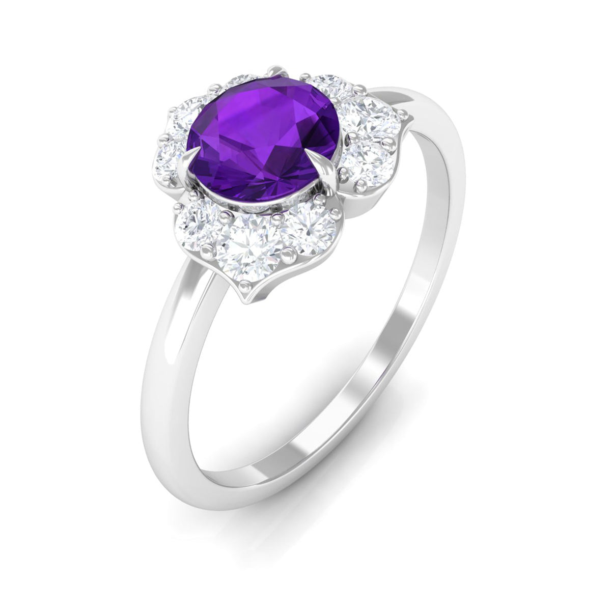 Real amethyst flower engagement ring with diamond accents by Rosec Jewels, featuring a vibrant purple amethyst centerpiece and delicate floral design.