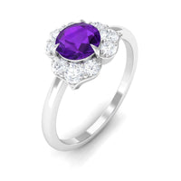 Real amethyst flower engagement ring with diamond accents by Rosec Jewels, featuring a vibrant purple amethyst centerpiece and delicate floral design.