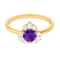 Real amethyst flower engagement ring with diamond accents, crafted by Rosec Jewels, featuring a detailed floral design and sparkling gemstones.