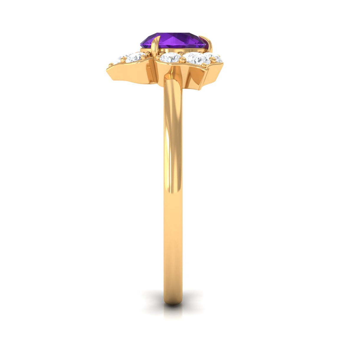 Real amethyst flower engagement ring with diamond accents from Rosec Jewels, featuring a detailed purple gemstone floral design.