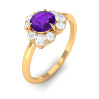 Real Amethyst flower engagement ring with diamond accents, crafted by Rosec Jewels, featuring a detailed floral design.