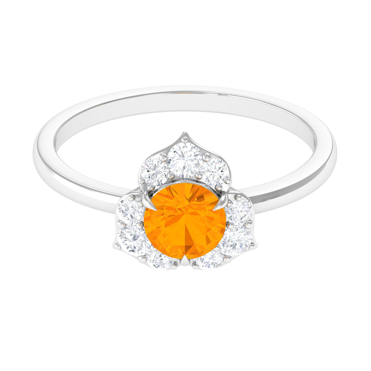 Round fire opal flower engagement ring with diamond accents by Rosec Jewels, featuring a detailed floral design in sterling silver.