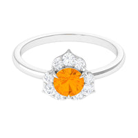 Round fire opal flower engagement ring with diamond accents by Rosec Jewels, featuring a detailed floral design in sterling silver.