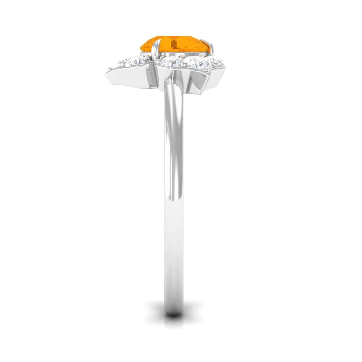 Round fire opal flower engagement ring with diamond accents by Rosec Jewels, featuring a detailed floral design on the ring band.