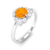 Round fire opal flower engagement ring with diamond accents by Rosec Jewels, showcasing a detailed floral design and sparkling gemstones.