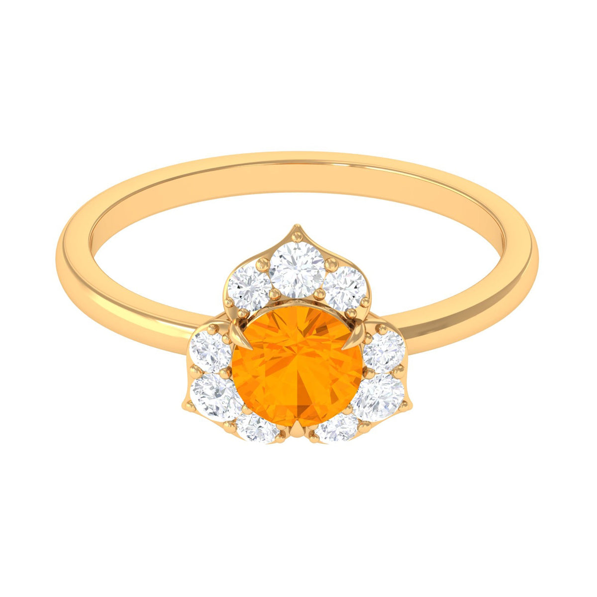Round fire opal flower engagement ring with diamond accents, crafted by Rosec Jewels, showcasing vibrant gemstone and intricate design.