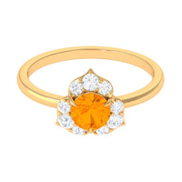 Round fire opal flower engagement ring with diamond accents, crafted by Rosec Jewels, showcasing vibrant gemstone and intricate design.