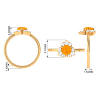 Round fire opal flower engagement ring with diamond accents from Rosec Jewels, featuring a detailed floral design and sparkling gemstone.