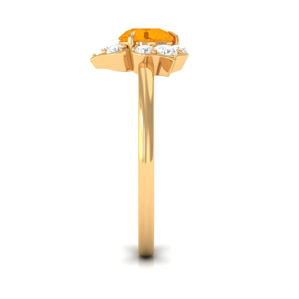 Round fire opal flower engagement ring with diamond accents from Rosec Jewels, featuring a detailed floral design and sparkling gemstones.