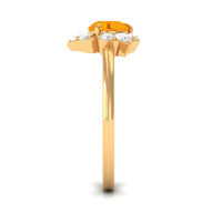 Round fire opal flower engagement ring with diamond accents from Rosec Jewels, featuring a detailed floral design and sparkling gemstones.