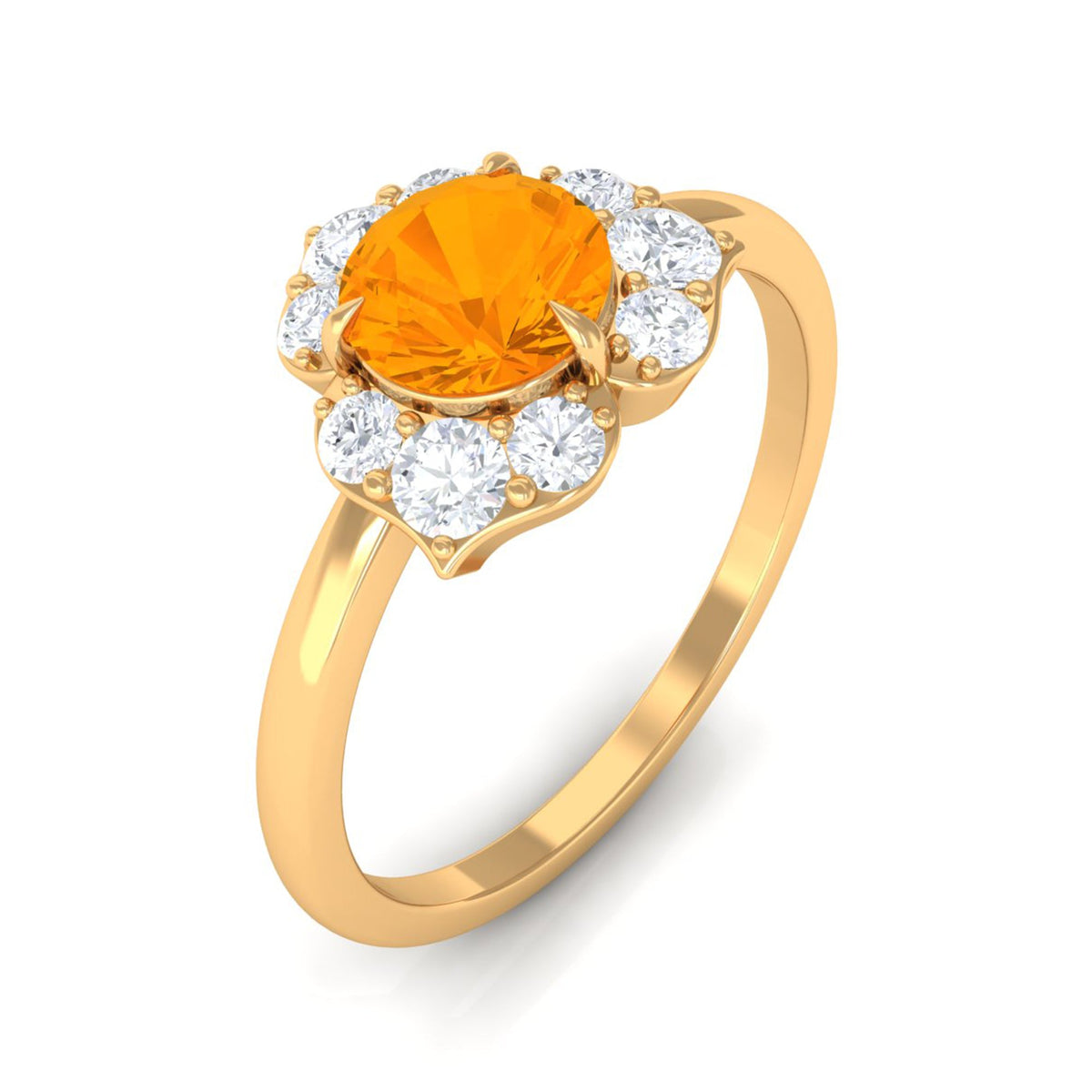 Round fire opal flower engagement ring with diamond accents, crafted by Rosec Jewels, featuring intricate floral design in sterling silver.
